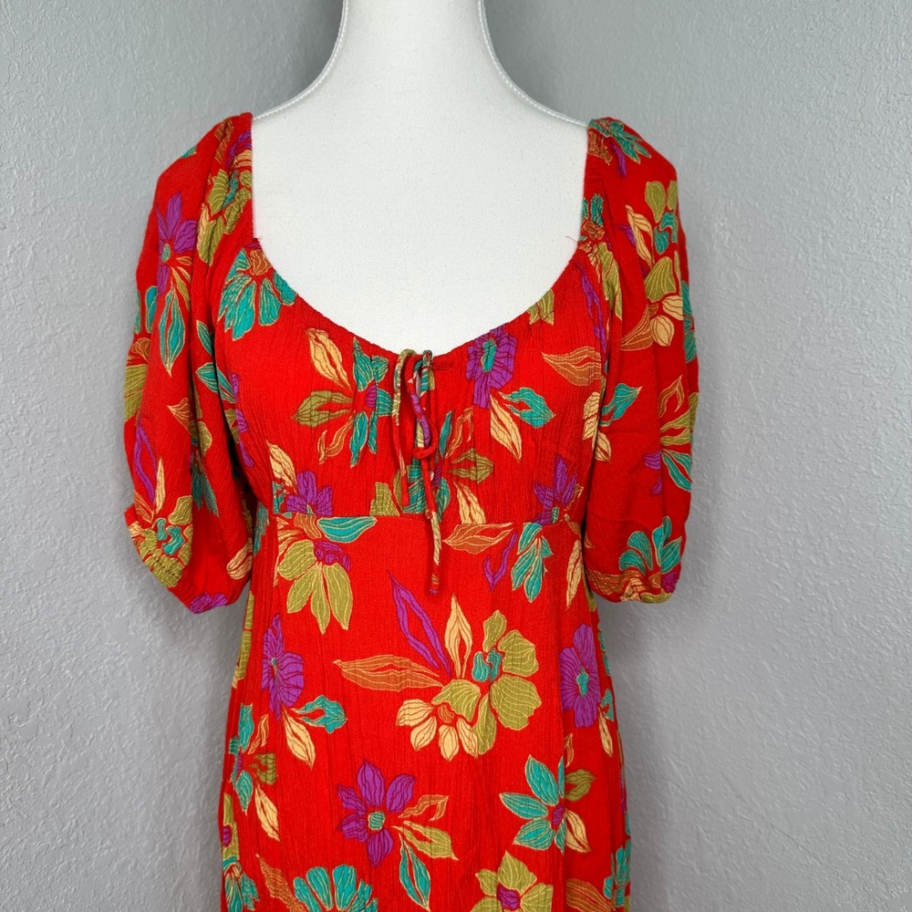 Billabong true romance Red tropical Floral Midi Dress short‎ sleeve womens M